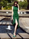 Đầm body xẻ tà xanh lá phối thắt lưng lạ mắt – DN189