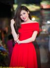 Đầm xòe màu đỏ bẹt vai ngang sang trọng và nổi bật - DN198