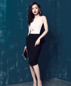 Đầm body peplum trắng phối đen ôm body tôn dáng - DN214