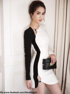 Đầm ôm trắng phối đen tay dài khoét đùi sexy - DN27