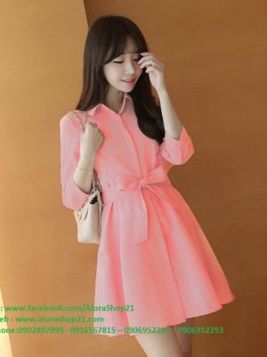Đầm công sở tay lỡ cổ sơ mi thắt nơ eo xinh xắn - DN303