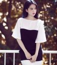 Đầm suông đen trắng tay lỡ đính nơ sau lưng Ngọc Trinh - DN321