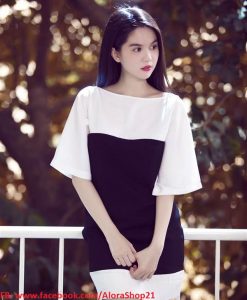 Đầm suông đen trắng tay lỡ đính nơ sau lưng Ngọc Trinh - DN321