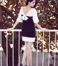 Đầm suông đen trắng tay lỡ đính nơ sau lưng Ngọc Trinh – DN321