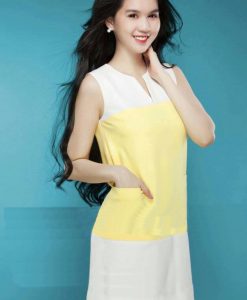 Đầm suông đơn giản sát nách phối màu vàng trắng - DN328