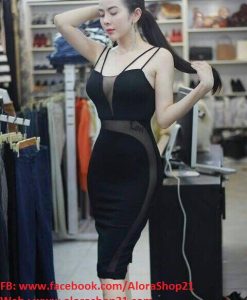 Váy body đen 2 dây mỏng cúp ngực phối lưới sexy quyến rũ - DN365