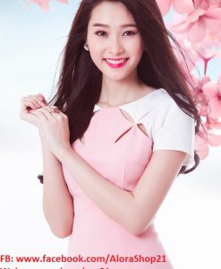 Đầm hồng phối nơ vai trắng xinh xắn như Thu Thảo - DN367