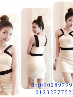 Đầm ôm màu be phối đen thiết kế cổ V cách điệu - DN37