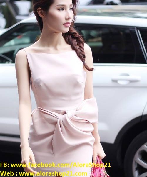 Đầm ôm body hồng pastel phối nơ eo như Diễm My - DN383