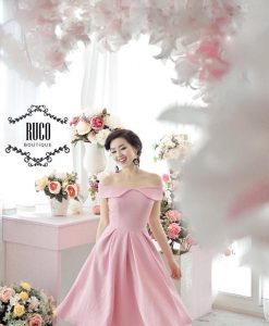 Đầm xòe hồng bẹt vai chân váy xòe quyến rũ sành điệu - DN389