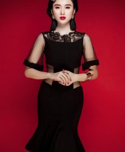 Đầm đuôi cá tay dài eo phối lưới cổ viền ren sành điệu - DN42