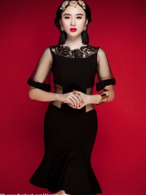 Đầm đuôi cá tay dài eo phối lưới cổ viền ren sành điệu - DN42