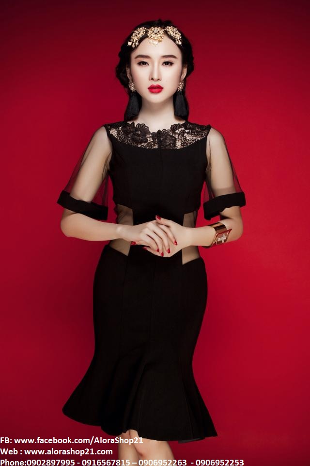 Đầm đuôi cá tay dài eo phối lưới cổ viền ren sành điệu - DN42