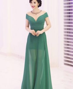 Đầm dạ hội cúp ngực trễ vai phối chân voan - D355