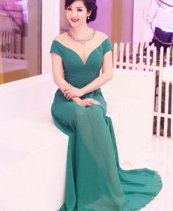 Đầm dạ hội cúp ngực trễ vai phối chân voan - D355