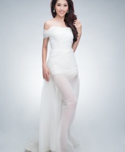 Váy dạ hội trắng trễ vai phối chân voan quyến rũ - D356