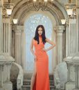 Đầm dạ hội cam cổ lọ khoét ngực xẻ đùi cao sexy - D357