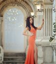 Đầm dạ hội cam cổ lọ khoét ngực xẻ đùi cao sexy – D357