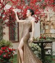 Đầm dạ hội kim sa cổ đỗ xẻ đùi cao tôn dáng - D365
