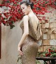 Đầm dạ hội kim sa cổ đỗ xẻ đùi cao tôn dáng – D365