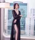 Đầm dạ hội tay dài xẻ đùi cao phối voan sexy quyến rũ - D369