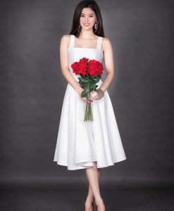 Đầm xòe trắng dự tiệc 2 dây cổ U dễ thương - DN256