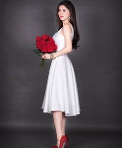 Đầm xòe trắng dự tiệc 2 dây cổ U dễ thương - DN256