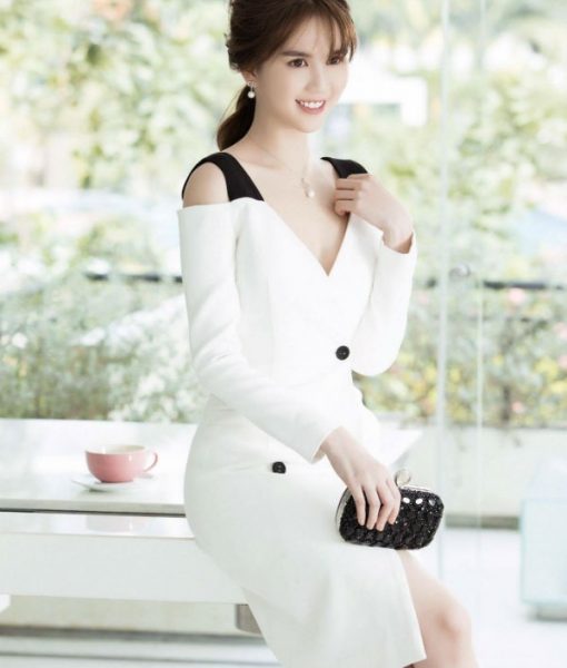 Đầm chữ A cut out trắng phối đen như Ngọc Trinh - DN262