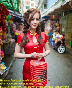 Sườn xám dự tiệc đỏ cổ giọt nước sexy lạ mắt - DN406