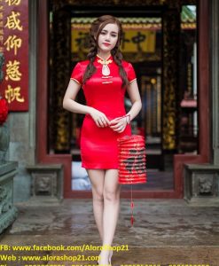 Sườn xám dự tiệc đỏ cổ giọt nước sexy lạ mắt - DN406