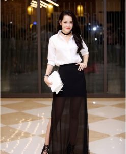 Set áo sơ mi và chân váy xẻ tà xuyên thấu xinh như Chi Pu - J74