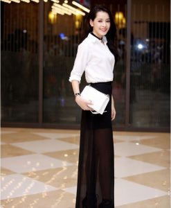 Set áo sơ mi và chân váy xẻ tà xuyên thấu xinh như Chi Pu - J74