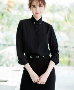 Set áo kiểu sơ mi phối chân váy xòe khoét khoen tròn - JN38