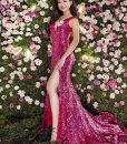 Đầm dài dự tiệc kim sa xẻ đùi cao khoét ngực sexy - D374