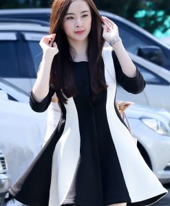 Đầm xòe cao cấp dài tay trắng phối đen sang trọng dễ thương - DN296