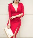 Váy ôm đỏ dài tay xẻ ngực tinh tế sang trọng - DN297