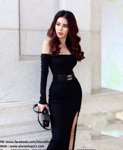 Đầm dạ hội đen kiểu tay dài vai ngang xẻ tà - D386