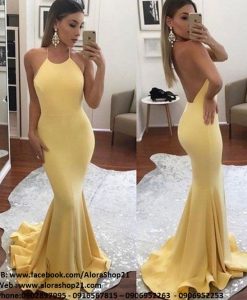 Váy dài cổ yếm vàng hở lưng đuôi cá xòe quyến rũ - D396