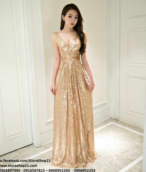 Đầm dạ hội vàng kim sa cao cấp quý phái sang trọng - D406