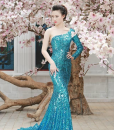 Đầm dạ hội xanh kim sa cao cấp lệch vai quý phái sang trọng – D408