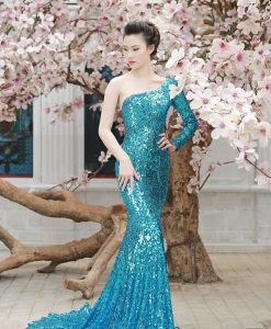 Đầm dạ hội xanh kim sa cao cấp lệch vai quý phái sang trọng – D408