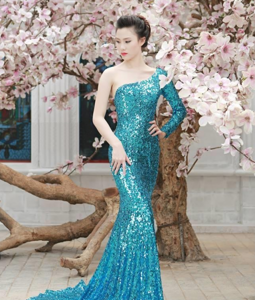 Đầm dạ hội xanh kim sa cao cấp lệch vai quý phái sang trọng – D408