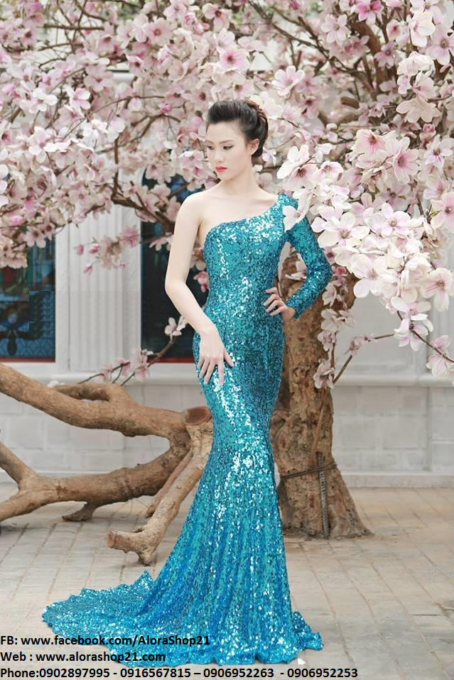Đầm dạ hội xanh kim sa cao cấp lệch vai quý phái sang trọng – D408