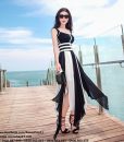 Đầm maxi trắng phối đen xẻ vạt rời trẻ trung quyến rũ – D414
