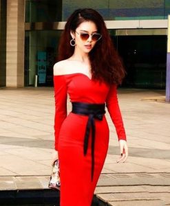 Đầm body đỏ trễ vai thiết kế cột dây eo xinh xắn