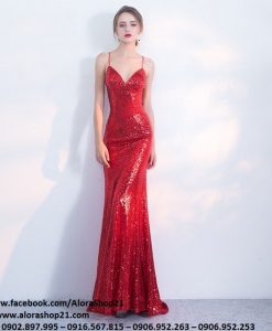 Đầm dạ hội kim sa đỏ cúp ngực ôm body tôn dáng - D428