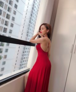 Đầm maxi cổ đổ hai dây hở lưng chéo đan dây- D430