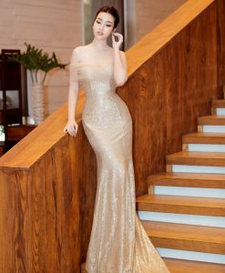 Váy dạ hội trễ vai kim sa phối ren lưới quyến rũ - D435