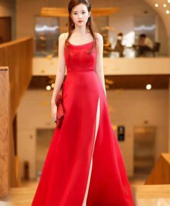 Đầm dạ hội phi đỏ hai dây xẻ đùi cao xinh xắn – D443