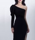 Đầm dạ hội ôm body kiểu dài tay lệch vai xẻ tà - D445